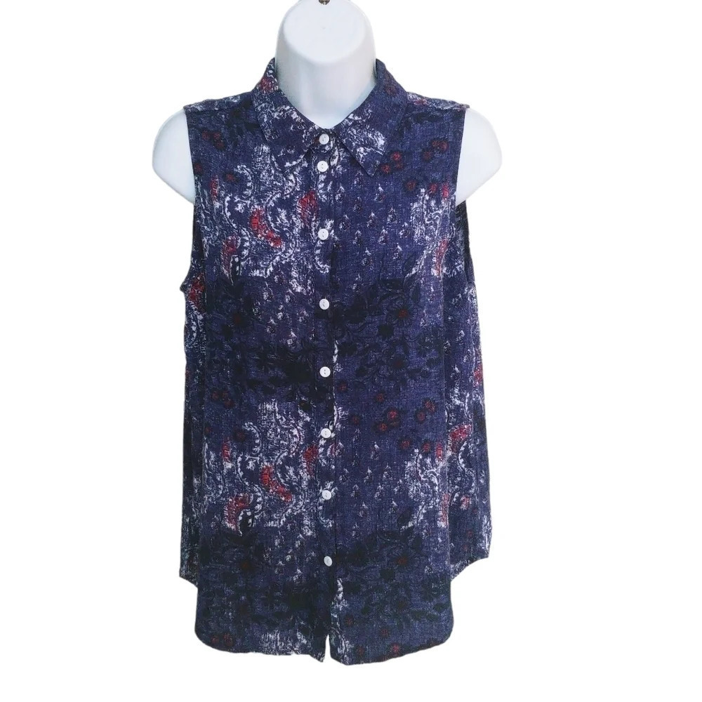 Le Grenier Blue Ted White Button Down Blouse Medium